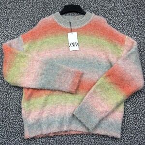 Zara Sweater Women Large Ombre Knit Orange Green Pink Crewneck Long Sleeve New L
